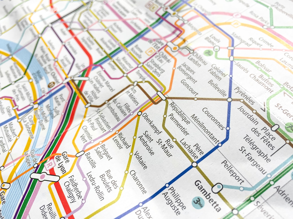 Close-up of a multi-line metro map — the kind of transit network TransitLens helps you analyze