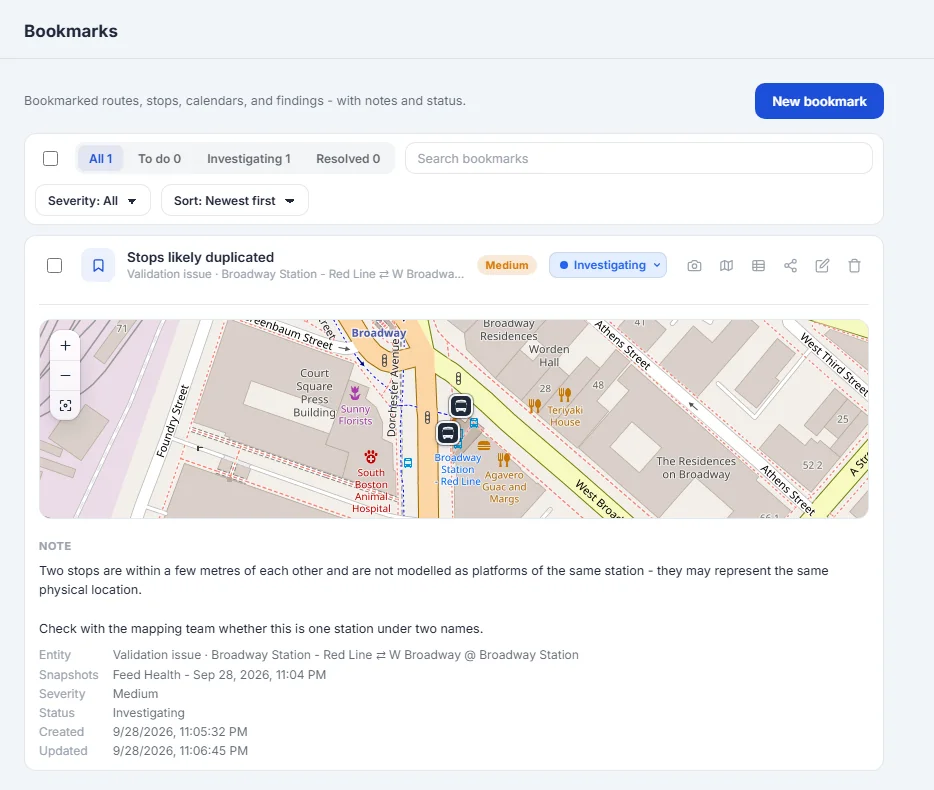 A bookmarked duplicate stop finding marked Investigating, with the two Broadway Station stops on a built in map and a note for the mapping team