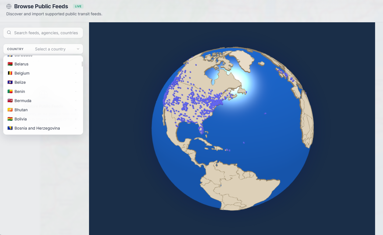 TransitLens Public Feed Catalog showing globe view with country-based GTFS feed discovery