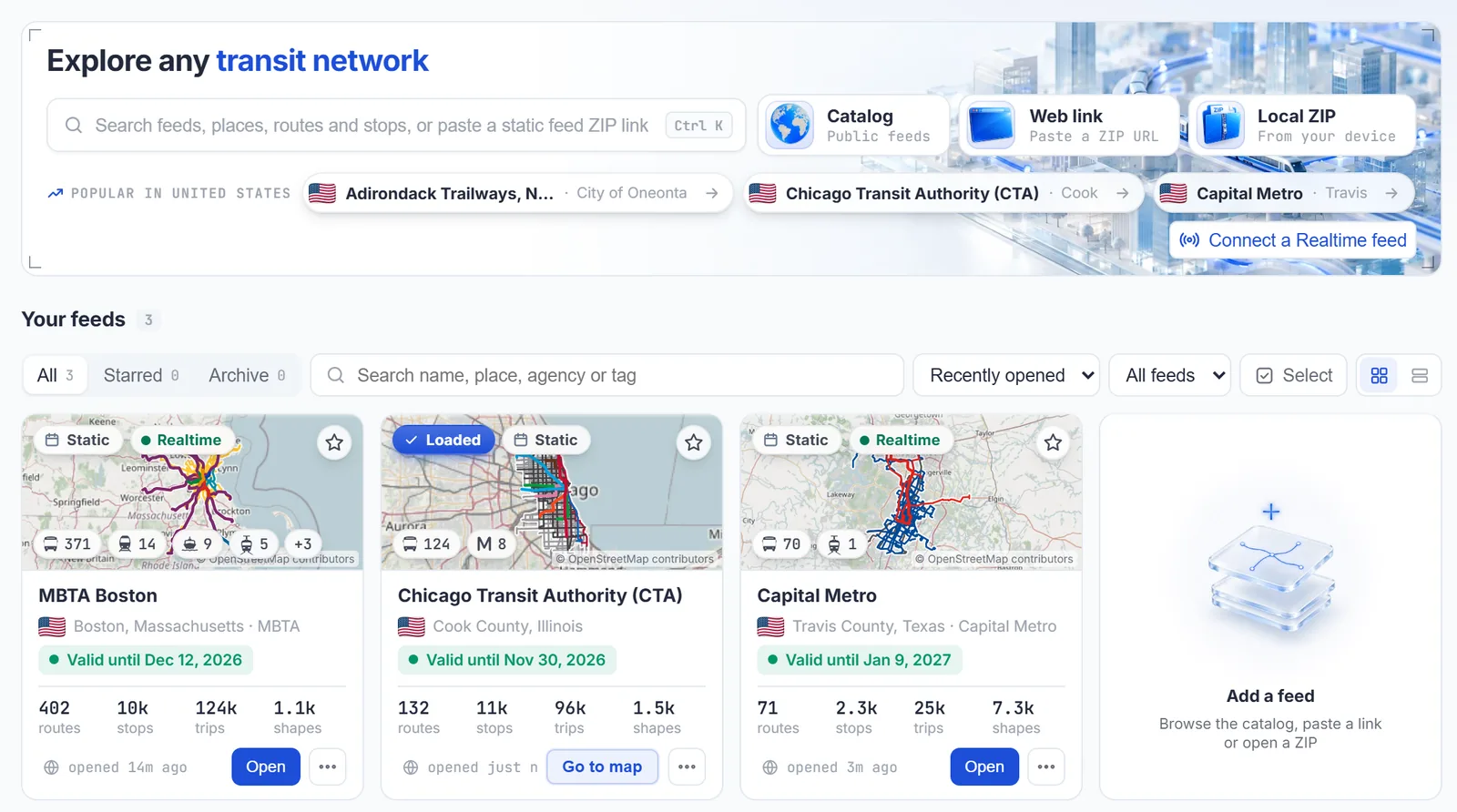 TransitLens Home with the search field, the Catalog, Web link and Local ZIP options, and a library of opened feeds for Boston, Chicago and Austin