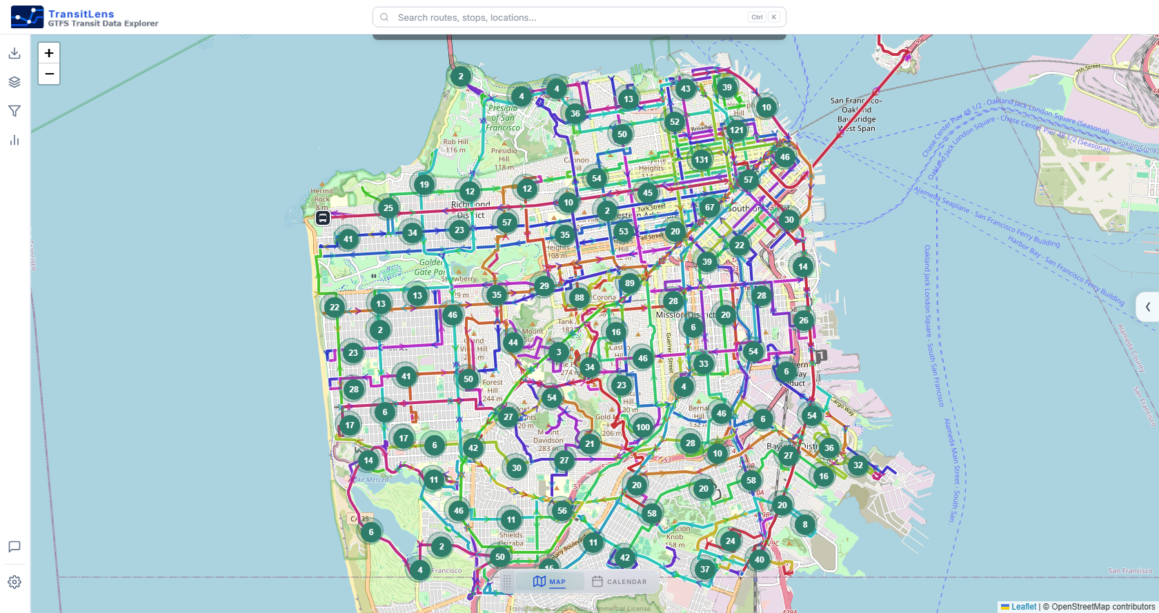 Interactive GTFS transit map showing San Francisco routes and stops