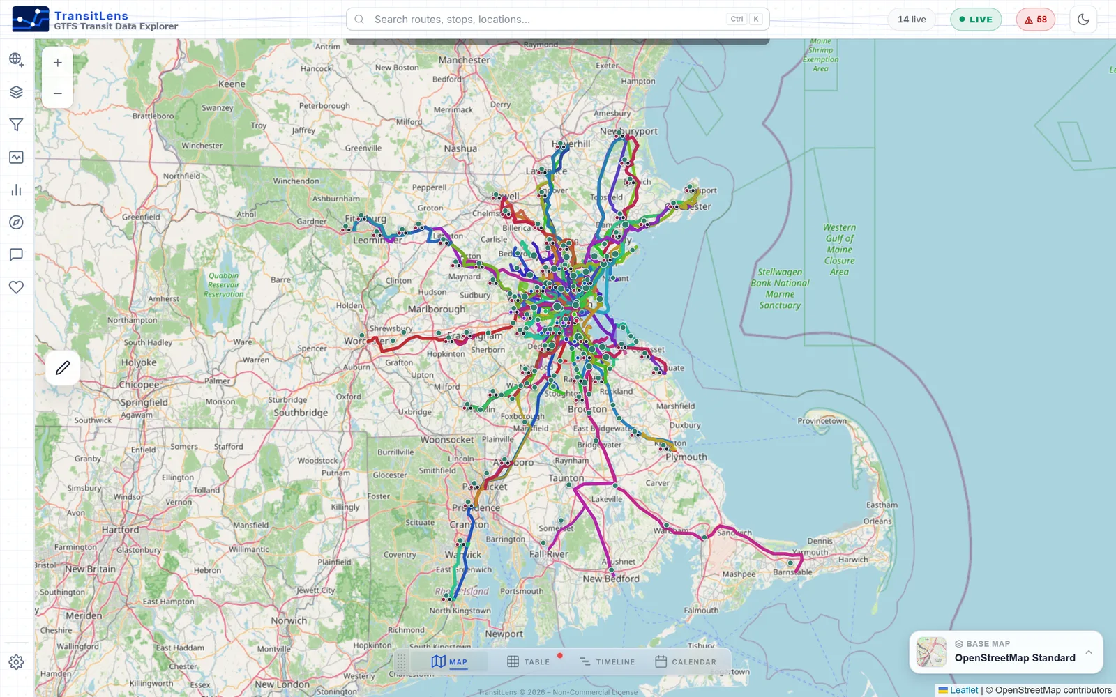 Full transit network on an interactive map with every route drawn in its own color