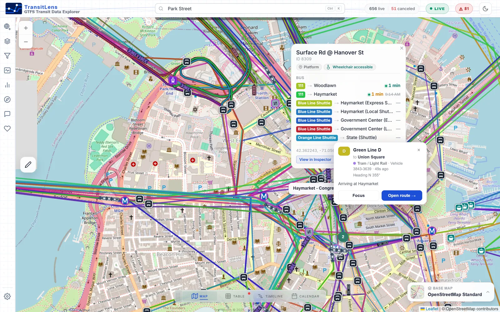 Live vehicles on the map with a realtime status panel listing vehicle positions, trip updates and service alerts