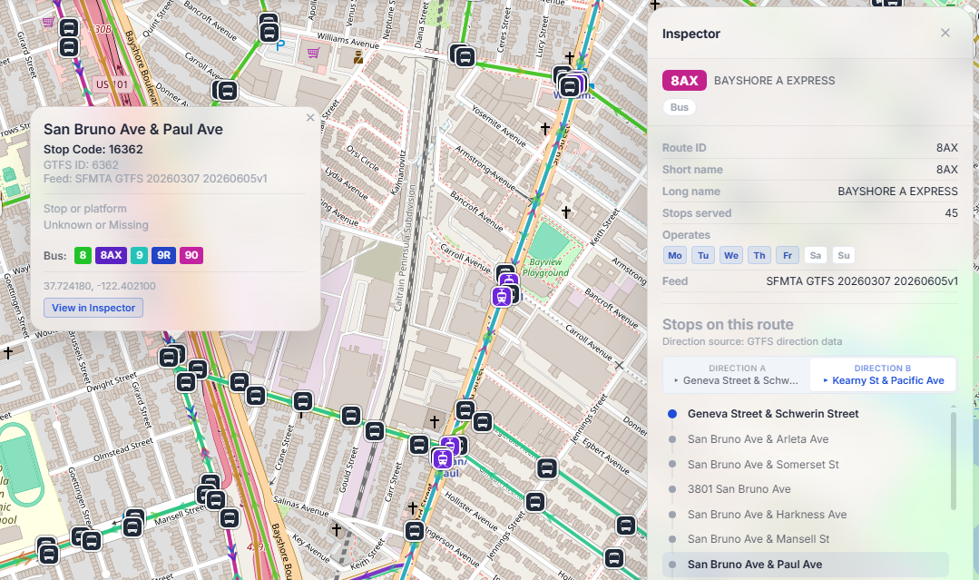 GTFS route and stop explorer with interactive map layers