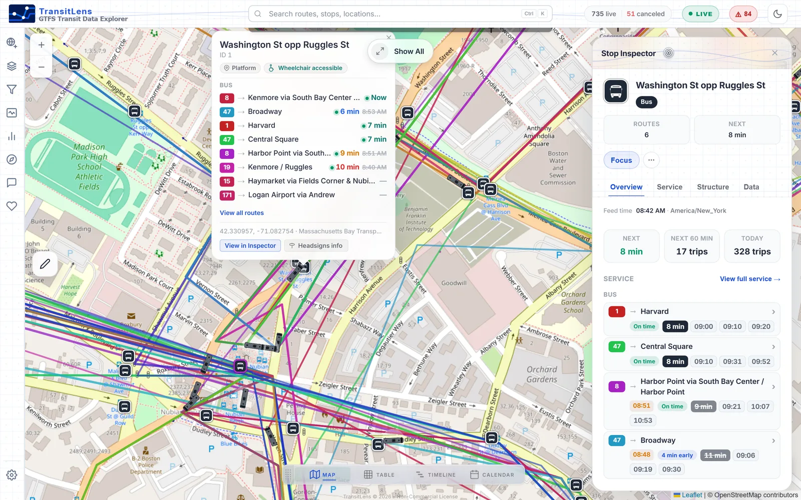 Stop inspector showing the routes serving a stop with upcoming departures and accessibility details