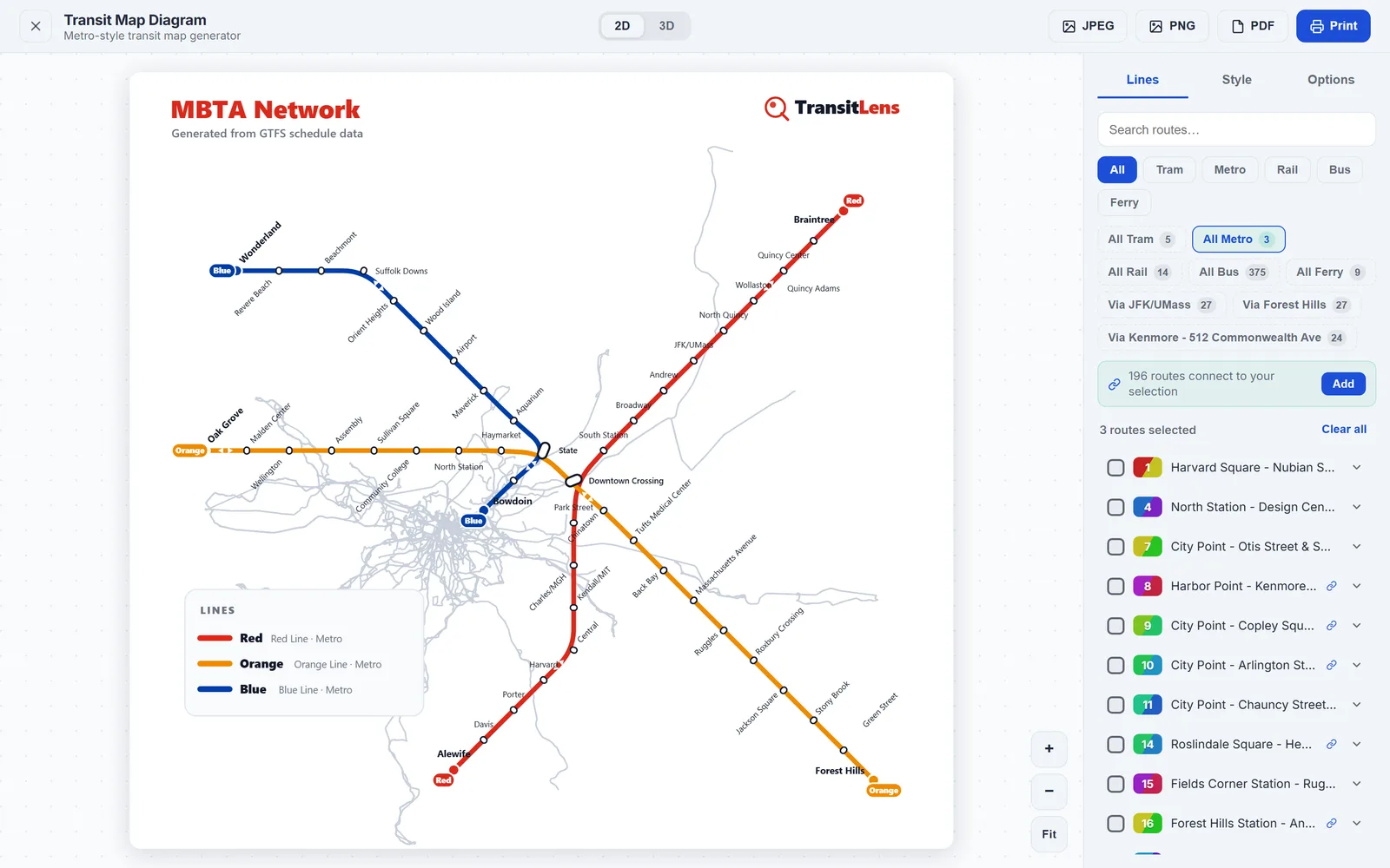 Metro style schematic transit map generated automatically from GTFS schedule data