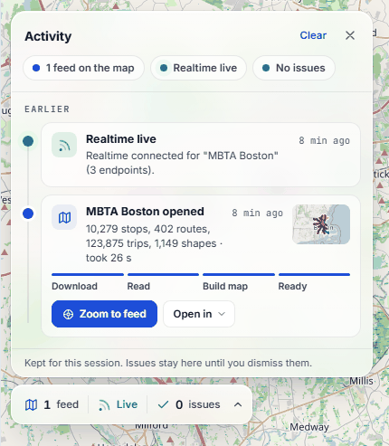 The TransitLens Activity panel showing the MBTA feed opened, with its stops, routes, trips and shapes, and buttons to zoom to it or open it in another view