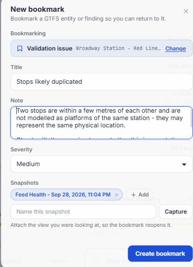 The New bookmark dialog for the Broadway Station stops likely duplicated finding, with a note for the mapping team, severity Medium and a snapshot attached