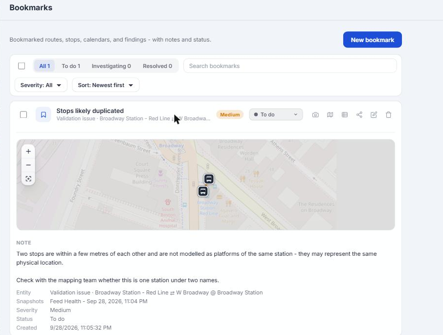 The Bookmarks page with the Broadway Station bookmark expanded, showing the finding's evidence on a built-in map, the note, its snapshot, severity and status