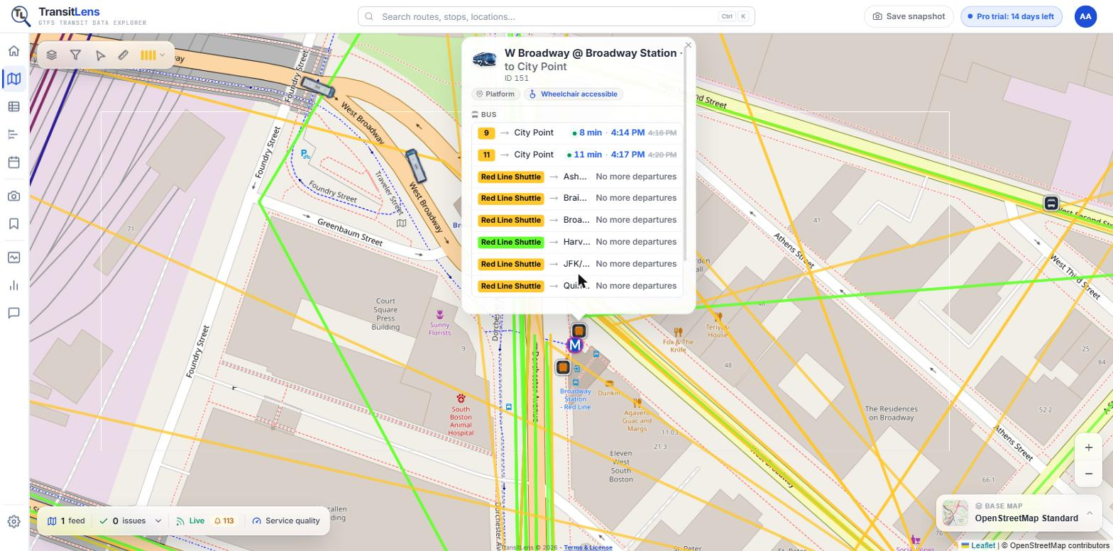 The bookmarked Broadway Station stop opened on the map, its info card listing the buses and Red Line Shuttle departures it serves