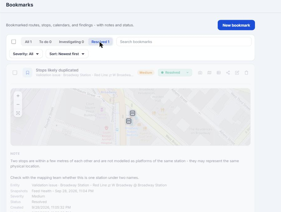The Bookmarks page filtered to Resolved, showing the Broadway Station bookmark marked as resolved