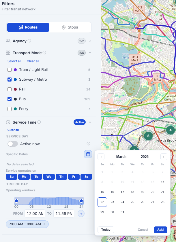 TransitLens filter panel showing route type, time, and service day filters