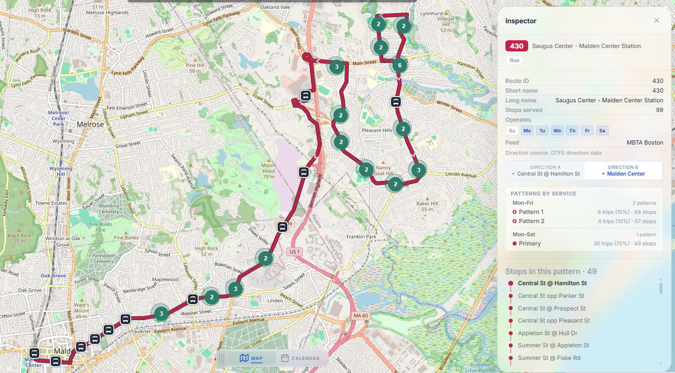 TransitLens Inspector showing route directions, patterns, and stop sequences