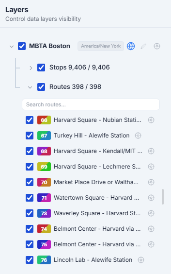 TransitLens layers panel showing map element visibility controls