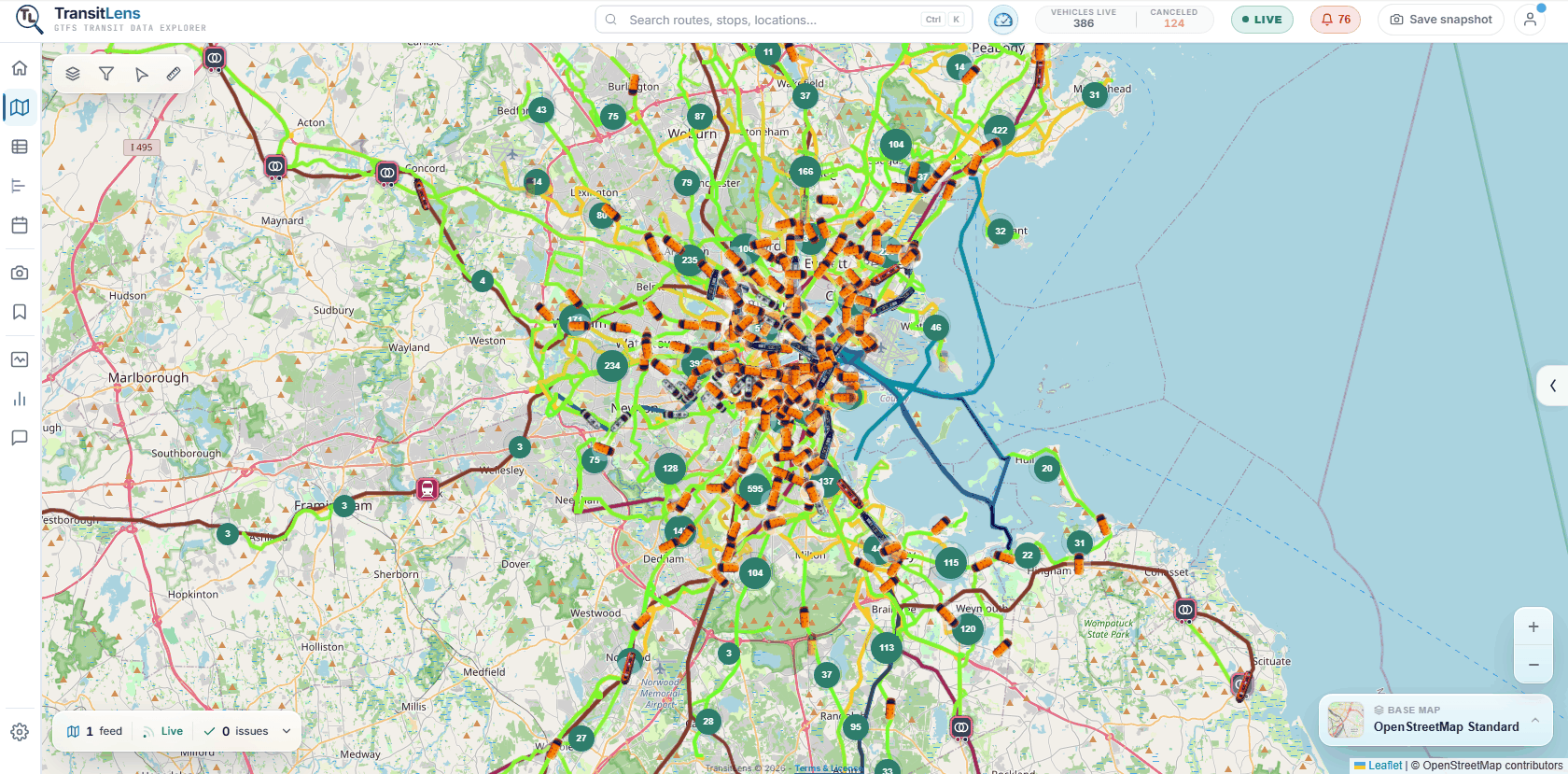 The MBTA network on the TransitLens map, with the map toolbar at the top left, Activity at the bottom left and the zoom and base map controls at the bottom right