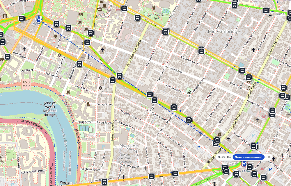 Measuring the distance between Harvard and Central stations on the MBTA Red Line in TransitLens