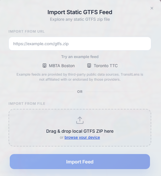 TransitLens import dialog for loading a GTFS feed