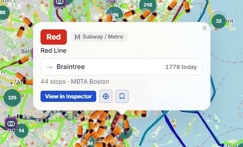 The route card for the MBTA Red Line, with its trips today and a View in Inspector button