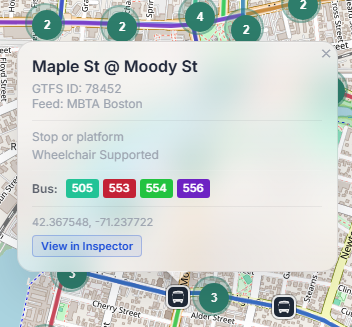 Stop info card showing stop name, GTFS ID, routes served, and View in Inspector button