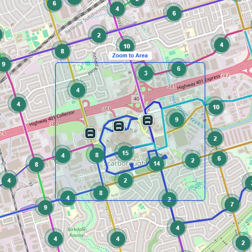Using Shift+drag to zoom to a specific area on the TransitLens map